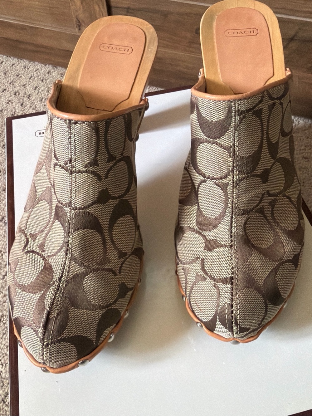 Coach Beige & Brown Signature Jacquard Clog Mules